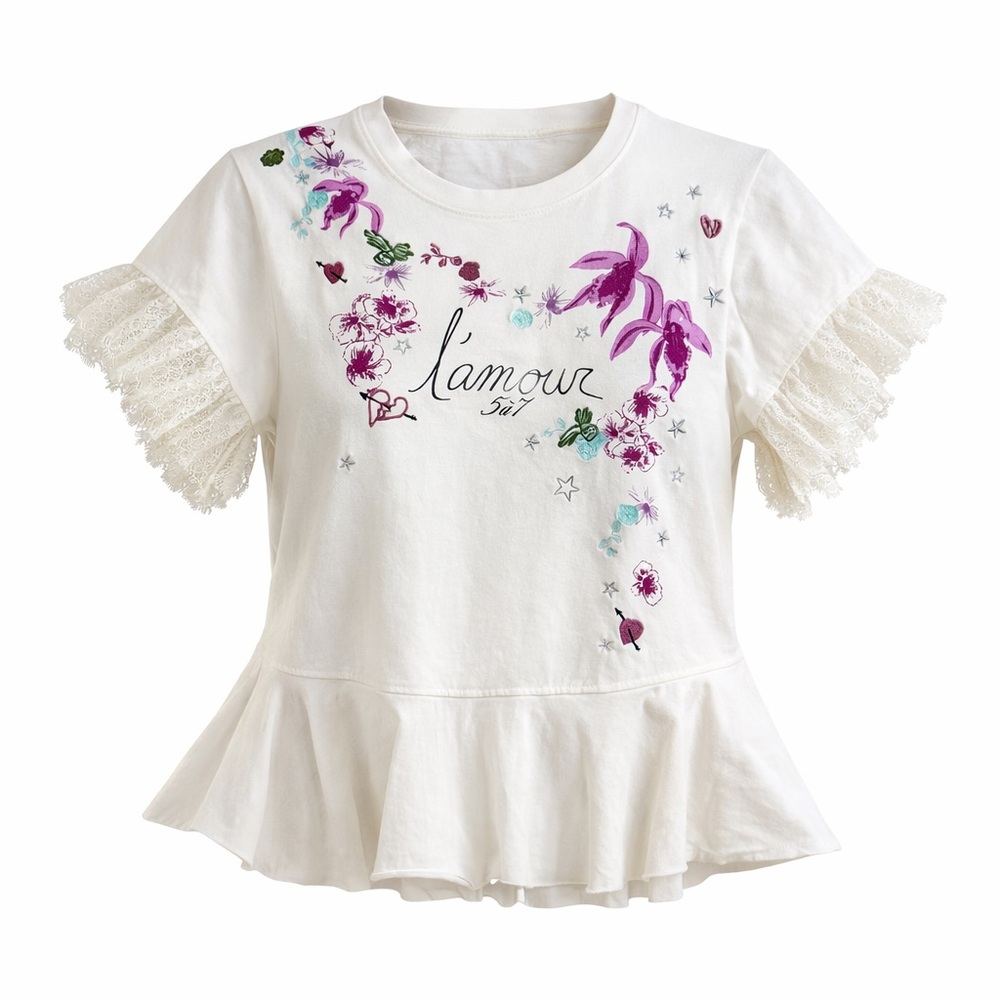Cinq à Sept White Embroidered Peplum Top Lace Sleeve L’Amour XS/S